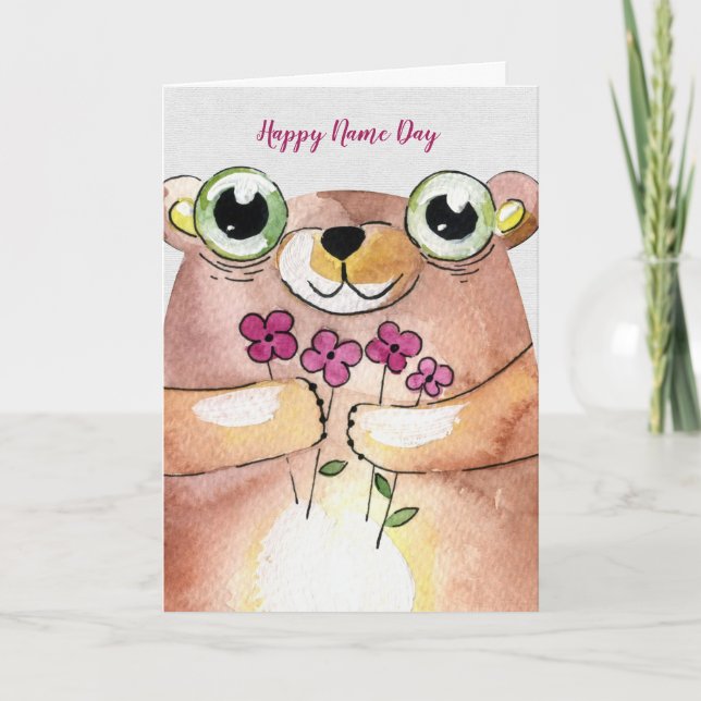 Name Day watercolor bear with bouquet Card (Front)