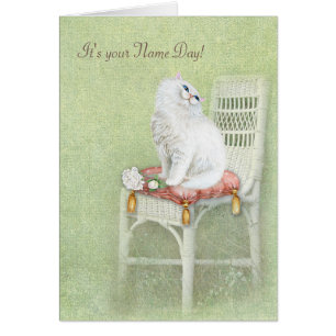 Name Day-white cat and roses on pillow