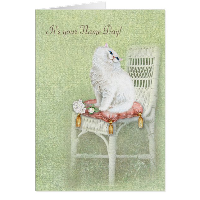 Name Day-white cat and roses on pillow (Front)