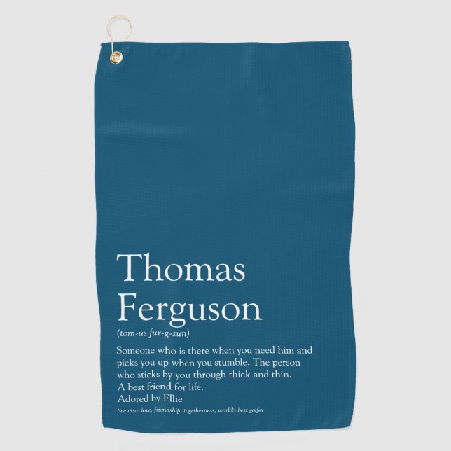 Name Definition Fun Modern Blue Golf Towel (Front)