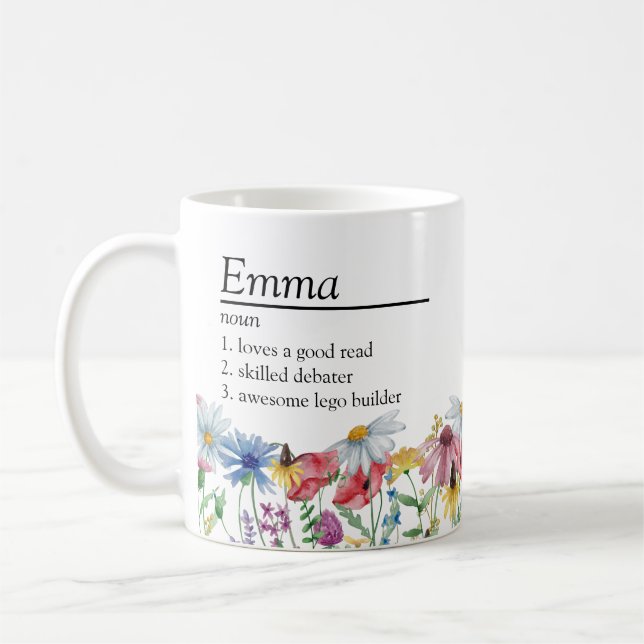 Name Definition with Country Wildflower Border Coffee Mug (Left)