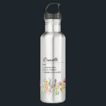 Name Definition with Delicate Wildflower Border 710 Ml Water Bottle<br><div class="desc">Wildflower mug with custom name definition. The personalisation template is ready for you to add your name and your chosen definition, listing 3 personal attributes, characteristics or skills which could be true, funny, good or bad. The design features delicate watercolor meadow wild flowers in pink orange purple blue and yellow....</div>