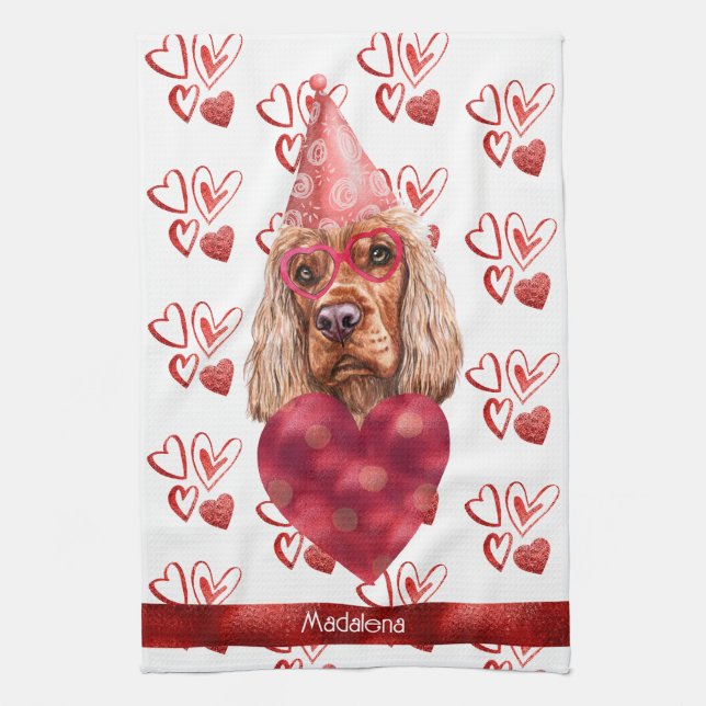 Name Dog Lover Valentine Gift Cocker Spaniel Tea Towel (Vertical)