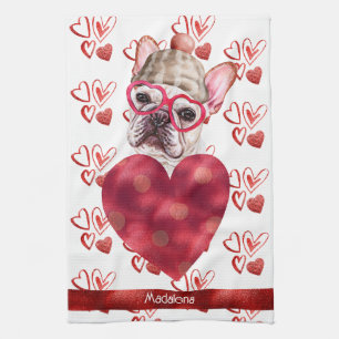 Name Dog Lover Valentine Gift French Bulldog Tea Towel