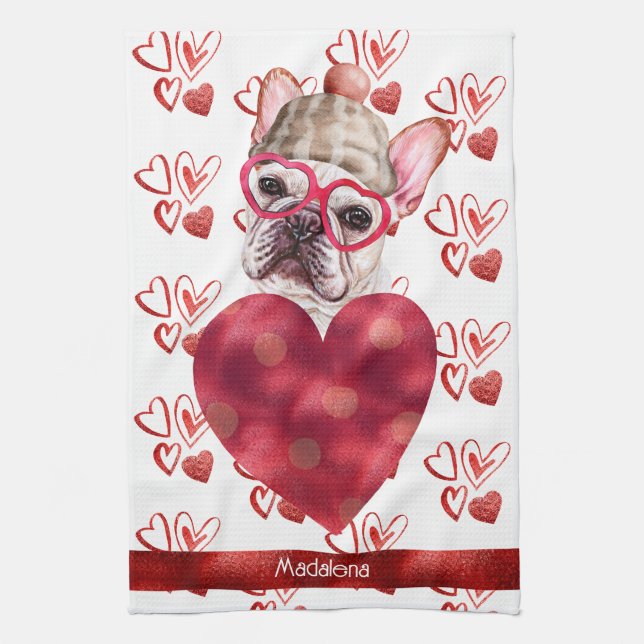 Name Dog Lover Valentine Gift French Bulldog Tea Towel (Vertical)