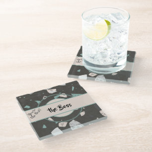 Name, Earth Tones & Greens Terrazzo Pattern on Glass Coaster