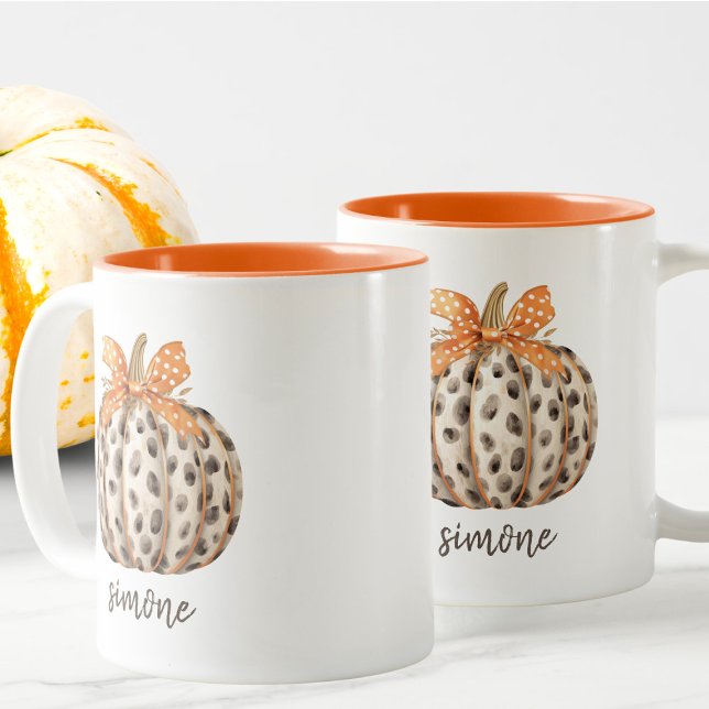 Name Editable Cute Orange Pumpkin Harvest Fall Two-Tone Coffee Mug (Creator Uploaded)
