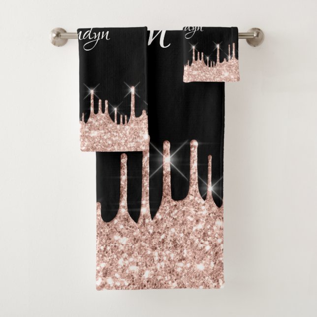 Name Elegant Glitter Drips Pink Rose Gold Black  B Bath Towel Set (Insitu)