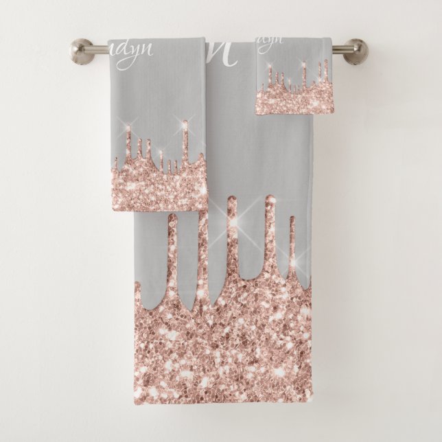 Name Elegant Glitter Drips Pink Rose Grey Sweet Bath Towel Set (Insitu)