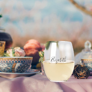 Name elegant script woman stemless wine glass