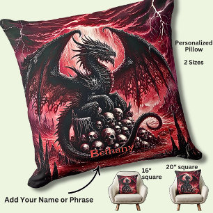 Name, Fantasy Fire Dragon with Skulls Cushion