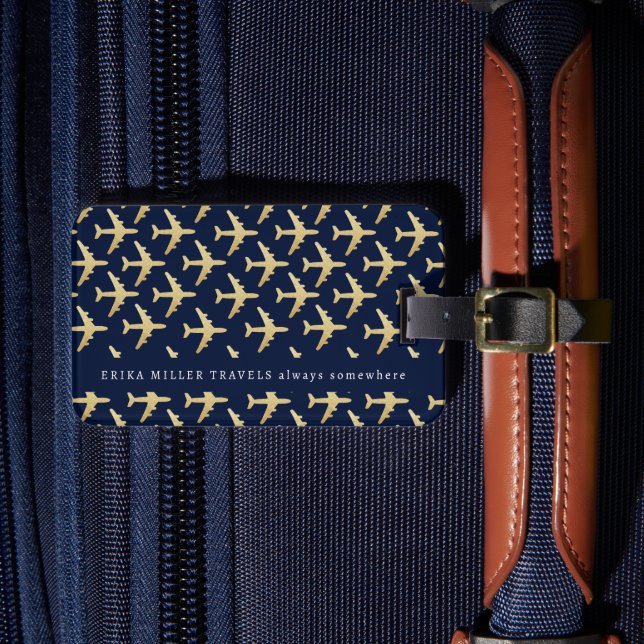 Name Faux Gold Aeroplanes Travel Luggage Tag (Front Insitu 4)