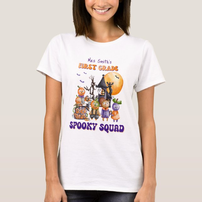 name First grade Spooky Squad Halloween teacher's T-Shirt (Front)