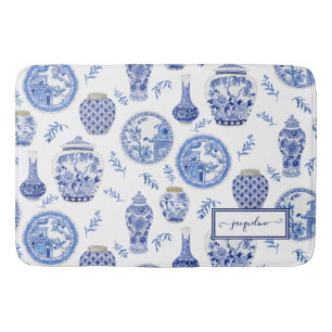 Name Floral Blue n White Ginger Jar Flower Vintage Bath Mat