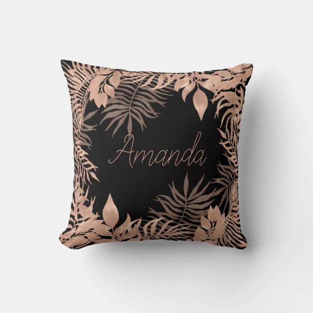 Name Floral Pink Rose Gold Tropical Black Cushion (Front)