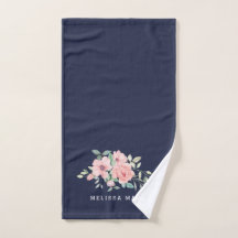 Name Floral Watercolor Navy Hand Towel