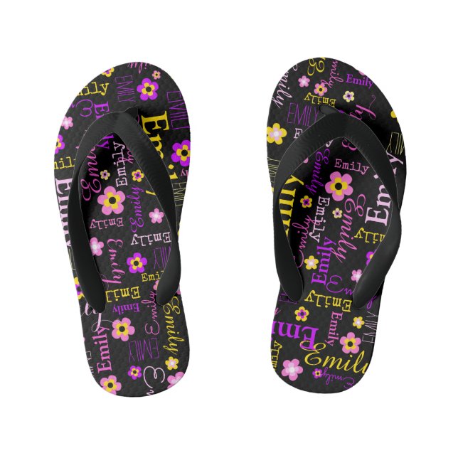 Name flower pattern pink purple yellow black  kid's thongs (Footbed)