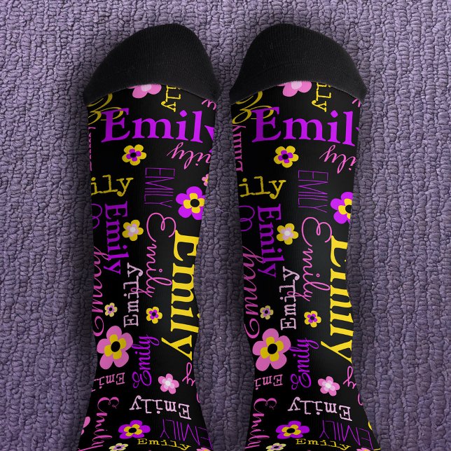 Name flower pattern pink purple yellow black socks (Creator Uploaded)