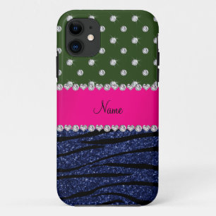 Name forest green diamonds zebra navy blue glitter iPhone 11 case