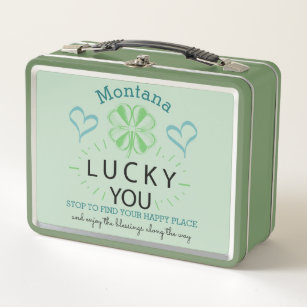 Name Four Leaf Clover Lucky You Typography Quotes Metal Lunch Box