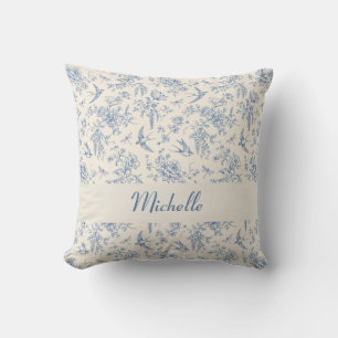 Name French Country Toile de Jouy Blue Pattern Cushion