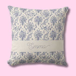 Name French Country Toile de Jouy Blue Pattern  Cushion