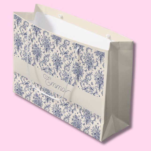 Name French Country Toile de Jouy Blue Pattern  Large Gift Bag (Creator Uploaded)