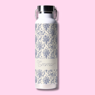 Name French Country Toile de Jouy Blue Pattern Water Bottle