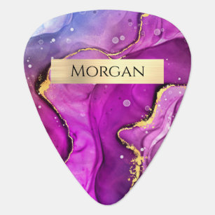 Name, Fuchsia & Gold Ink Abstract, Gold Bar Guitar Pick