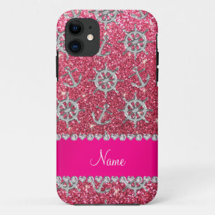 Name fuchsia pink glitter silver anchors ships whe iPhone 11 case