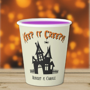 Name, Funny Keep it Creepy Haunted House Halloween Paper Cups