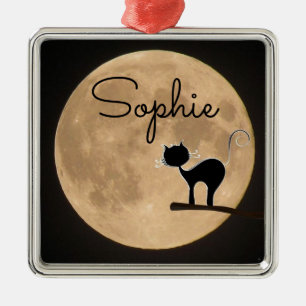 Name gift black cat with full moon metal ornament