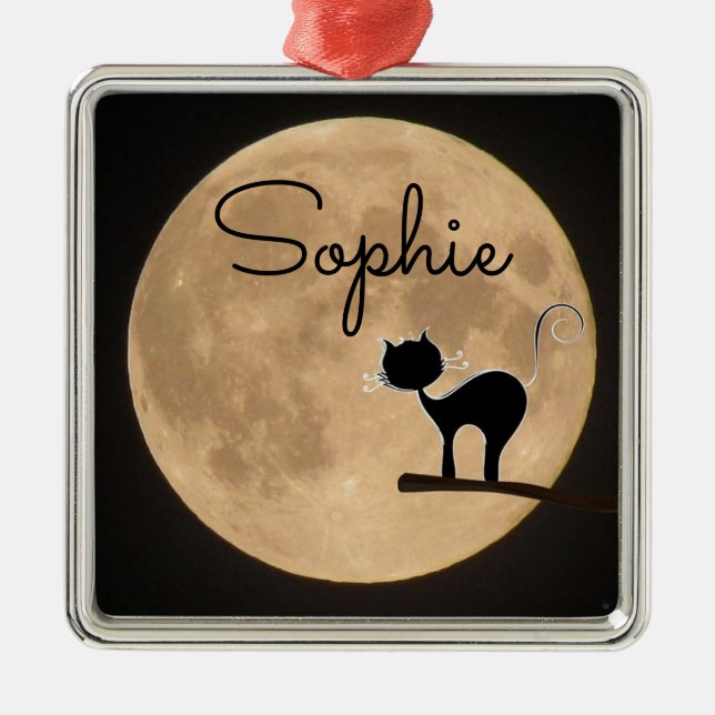 Name gift black cat with full moon metal ornament (Front)
