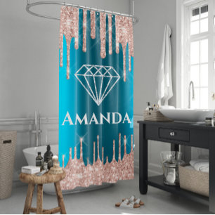 Name Glitter Drips Gray Teal Blue Royal Diamond Shower Curtain