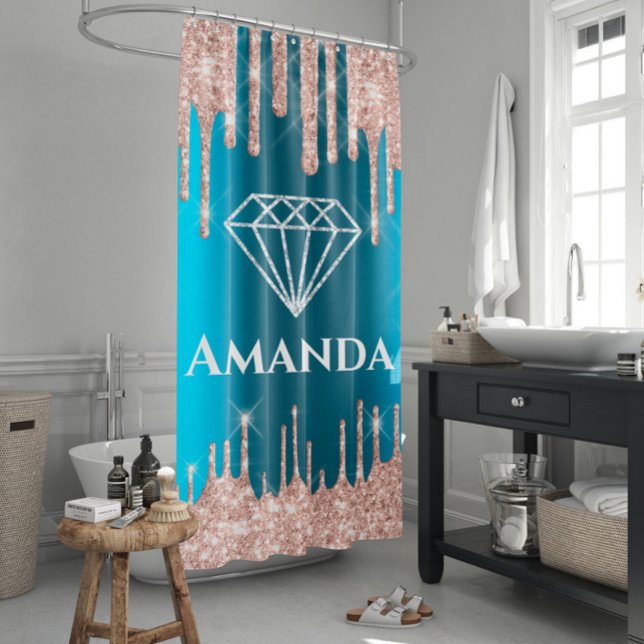 Name Glitter Drips Gray Teal Blue Royal Diamond Shower Curtain (Creator Uploaded)