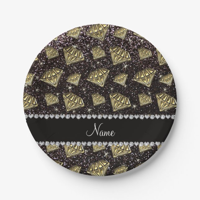 Name gold diamond black glitter paper plate (Front)