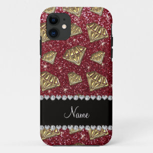 Name gold diamond burgundy glitter iPhone 11 case