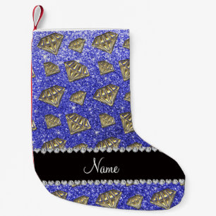 Name gold diamond neon blue glitter small christmas stocking