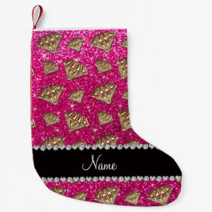 Name gold diamond neon hot pink glitter small christmas stocking