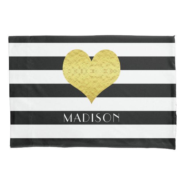Name Gold Heart Black White Stripes Pattern Pillowcase (Front-Left)