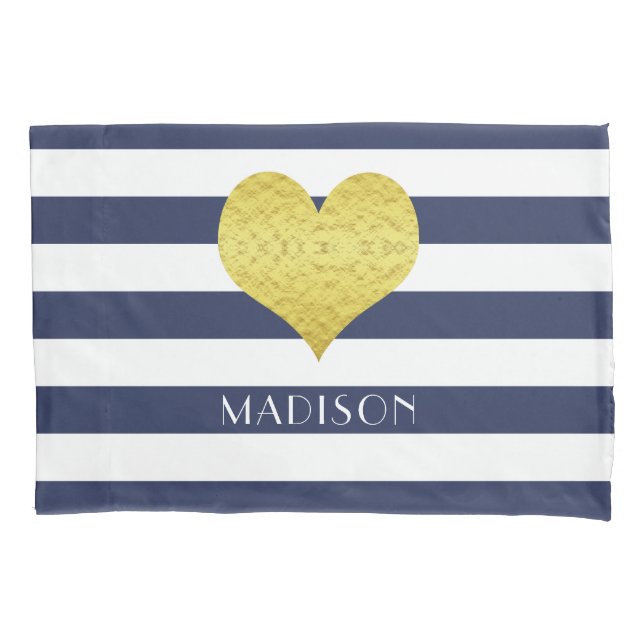 Name Gold Heart Blue White Stripes Pattern Pillowcase (Front-Left)