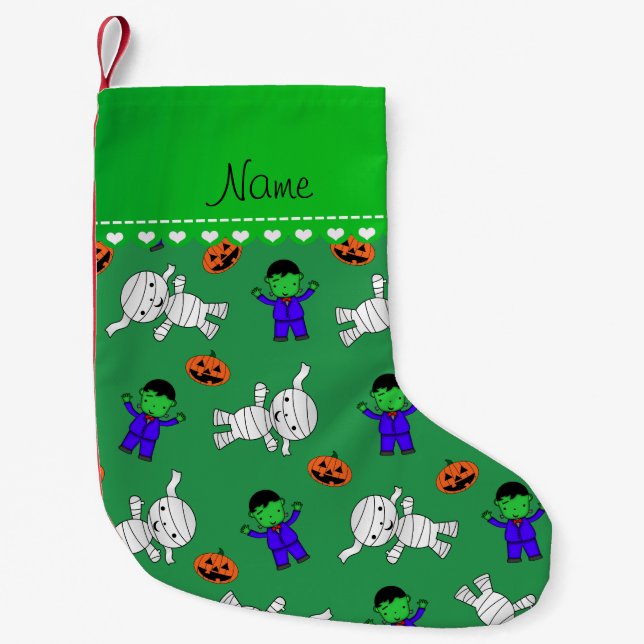 Name green frankenstein mummy pumpkins small christmas stocking (Front)