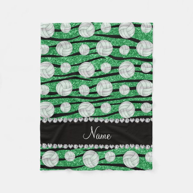 Name green glitter zebra stripes volleyballs fleece blanket (Front)