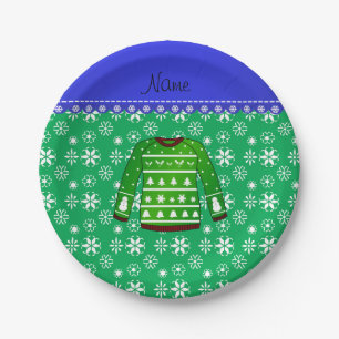 Name green ugly christmas sweater green snowflakes paper plate