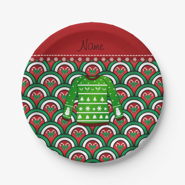 Name green ugly christmas sweater half circles paper plate (Front)
