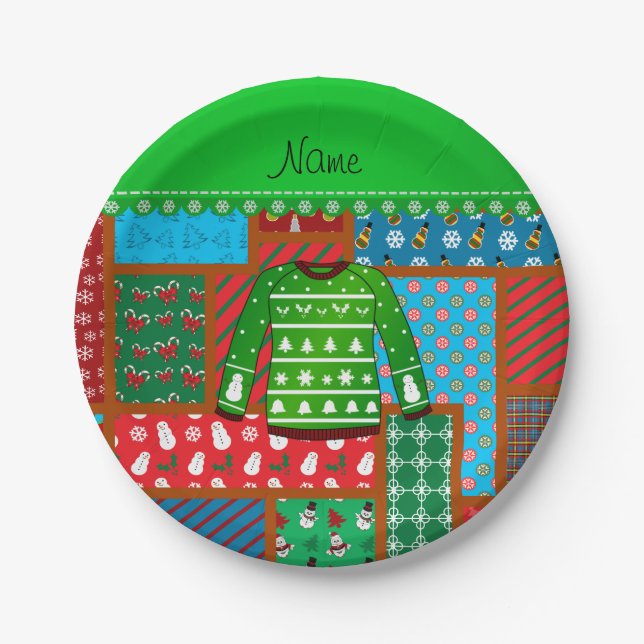 Name green ugly christmas sweater ugly pattern paper plate (Front)