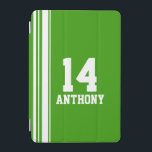 Name green & white sport name number ipad cover<br><div class="desc">Orange and white sports style ipad case cover. In a sports shirt style Customise with the name and special age, year or lucky number of your choice. Case currently reads: Anthony 14. *Please note some names will not always fit due to the nature of the font. A perfect gift for...</div>
