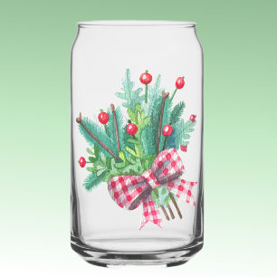 Name, Greenery Red Berries Christmas Bouquet 16oz Can Glass