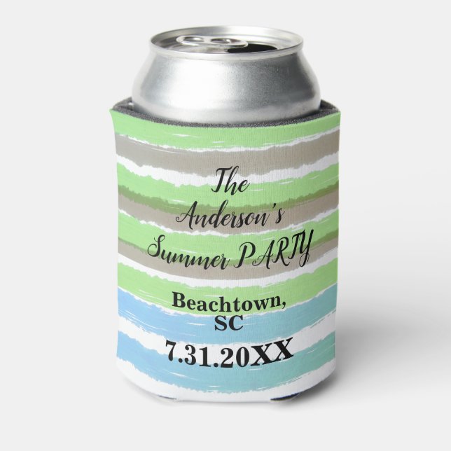 Name Grey Green Blue Watecolor Stripes Can Cooler (Can Back)