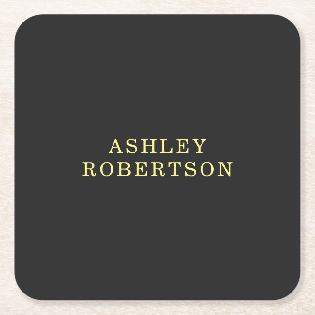 Name Grey Yellow Professional Stylish Minimalist Square Paper Coaster (Front)